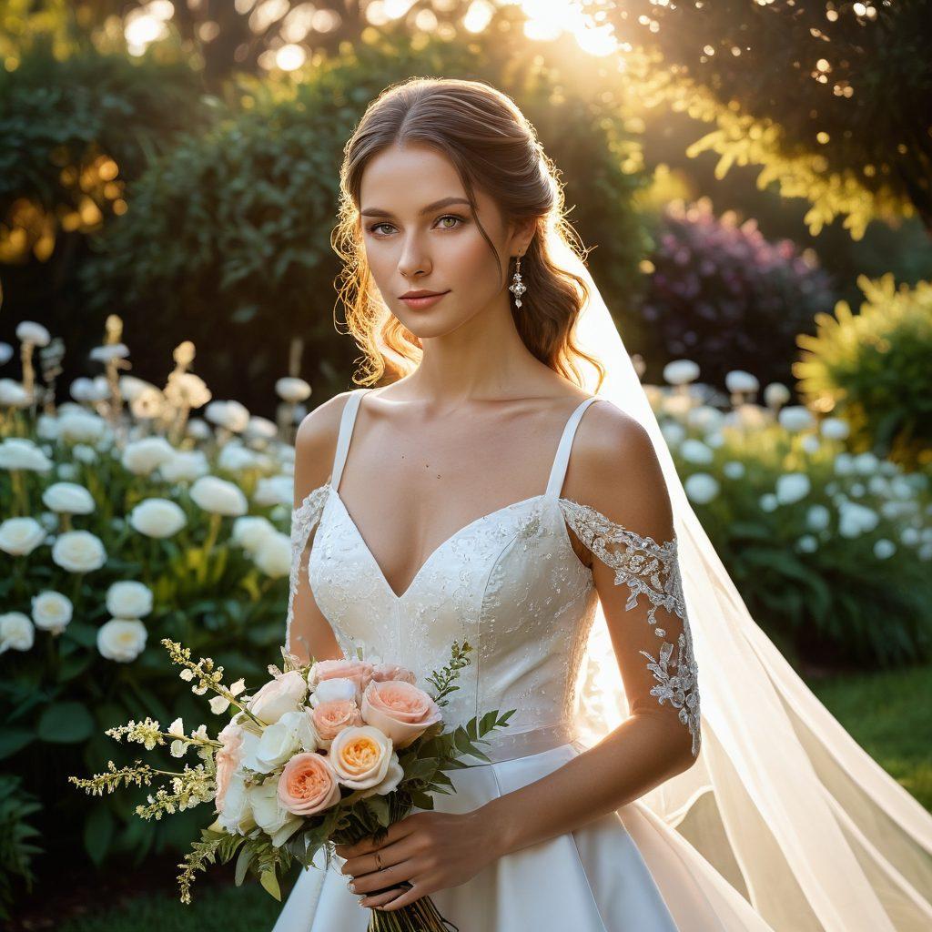 A radiant bride in a stunning white dress holding a bouquet, surrounded by inspirational wedding elements like elegant invitations, sparkling rings, and delicate floral arrangements. The background features a dreamy, pastel-colored garden setting under a softly glowing sunset. Super-realistic. Vibrant colors. Ethereal lighting.