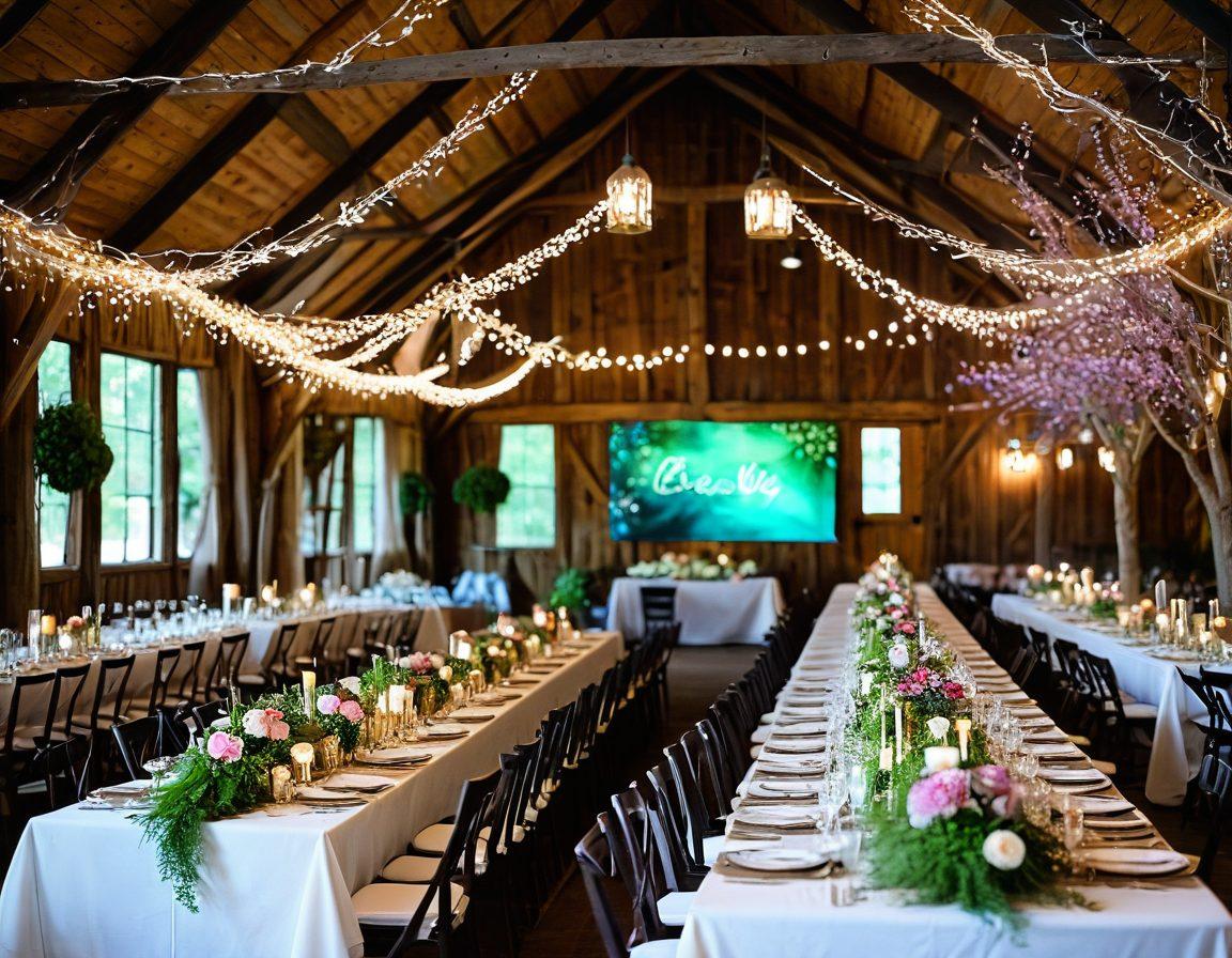 A whimsical wedding scene with unique themes like a fairy-tale forest, modern minimalist setting, and rustic barnyard decor, all beautifully intertwined. Decorations should include unusual centerpieces, creative lighting, and bespoke accessories, such as personalized wedding favors and intricate floral arrangements. Artistic touches like hand-painted signs and custom attire should be highlighted. painting. vibrant colors.